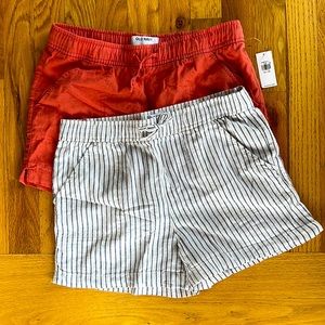 Girls linen shorts 2 pack, white with navy stripes and coral colored.